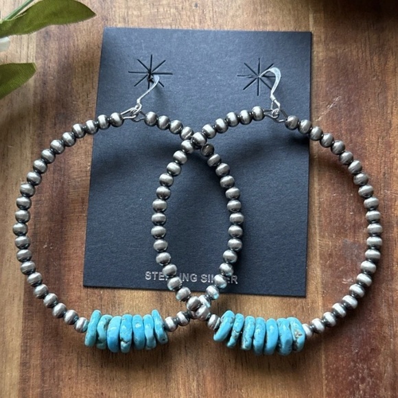 Large Sterling Silver Blue Turquoise Bead 4mm Pearls Loop Hoop Earrings. 3 Inch - Picture 1 of 12